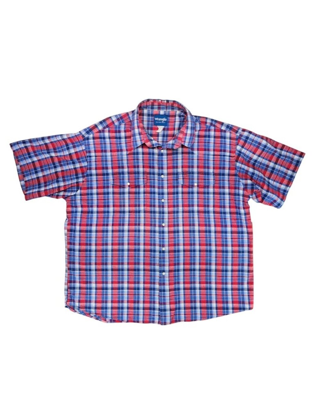 Vintage Wrangler Pearl Snap Men XXXL Western Plaid Short Sleeve Shirt Blue 3XL